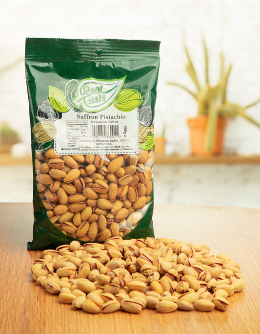 Real Taste Roasted Salted Saffron Pistachios – Rich Golden Nuts with Premium Flavor 500g